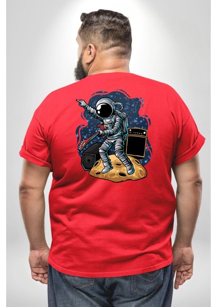 Gitar Astronot Müzik Uzay Büyük Beden Kırmızı Tişört Kadın Erkek Ünisex Sırt Baskılı fırsatları