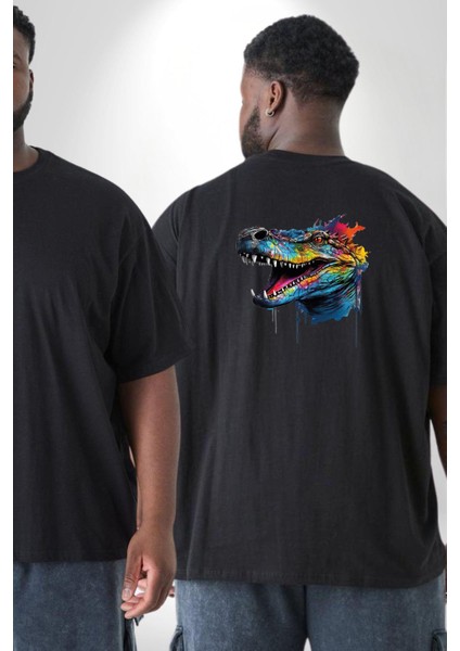 Timsah Renkli Kafası Büyük Beden Siyah Tişört Kadın Erkek Ünisex Sırt Baskılı fiyatları