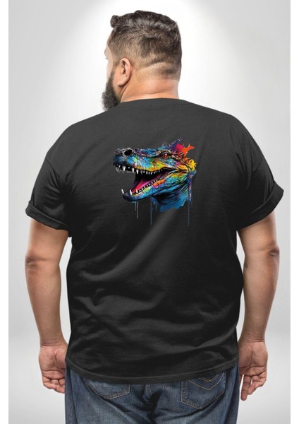 Timsah Renkli Kafası Büyük Beden Siyah Tişört Kadın Erkek Ünisex Sırt Baskılı fırsatları