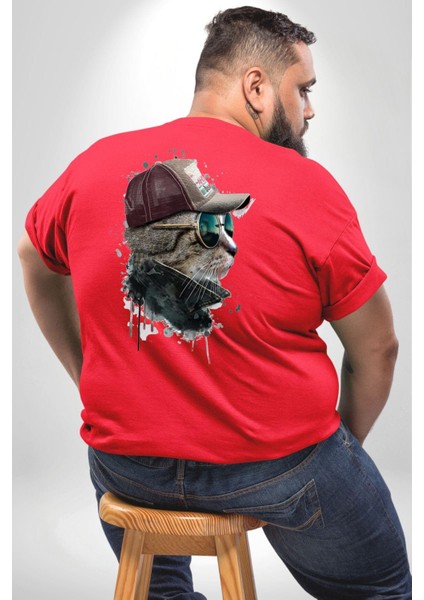 Pilot Çeketli Deri Şapkalı Cool Kedi Büyük Beden Kırmızı Tişört Kadın Erkek Ünisex Sırt Baskılı