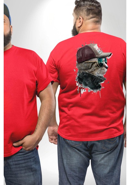 Pilot Çeketli Deri Şapkalı Cool Kedi Büyük Beden Kırmızı Tişört Kadın Erkek Ünisex Sırt Baskılı fiyatları