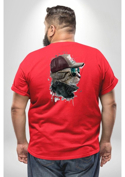 Pilot Çeketli Deri Şapkalı Cool Kedi Büyük Beden Kırmızı Tişört Kadın Erkek Ünisex Sırt Baskılı fırsatları