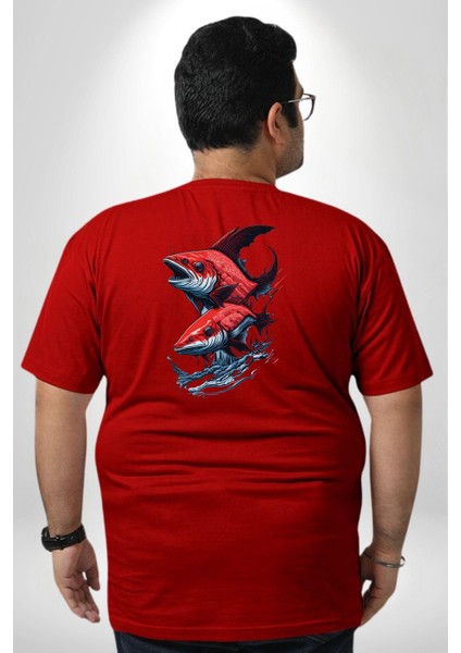 Kırmızı Japon Balığı Büyük Beden Kırmızı Tişört Kadın Erkek Ünisex Sırt Baskılı