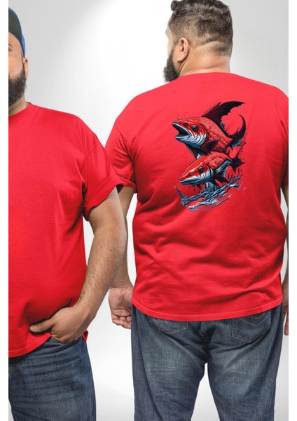 Kırmızı Japon Balığı Büyük Beden Kırmızı Tişört Kadın Erkek Ünisex Sırt Baskılı fiyatları