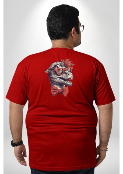 Kırmızı Gözlük Papyon Dinazor Büyük Beden Kırmızı Tişört Kadın Erkek Ünisex Sırt Baskılı fırsatları