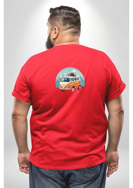 Wolkswagen Karavan Kış Gezisi Büyük Beden Kırmızı Tişört Kadın Erkek Ünisex Sırt Baskılı