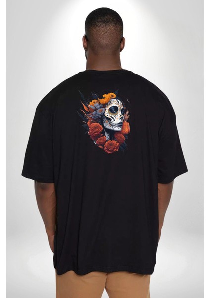 Maske Dövmeli Çiçekli Kız Büyük Beden Siyah Tişört Kadın Erkek Ünisex Sırt Baskılı