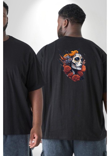 Maske Dövmeli Çiçekli Kız Büyük Beden Siyah Tişört Kadın Erkek Ünisex Sırt Baskılı fiyatları