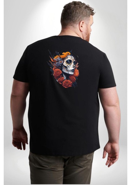Maske Dövmeli Çiçekli Kız Büyük Beden Siyah Tişört Kadın Erkek Ünisex Sırt Baskılı fırsatları