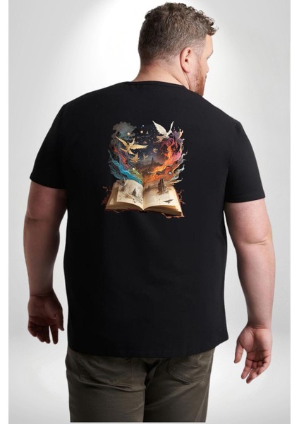 Hikaye Roman Kitabı Gerçekleşti Büyük Beden Siyah Tişört Kadın Erkek Ünisex Sırt Baskılı