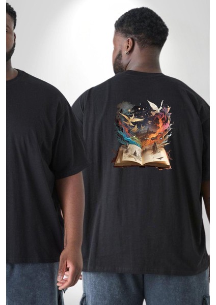 Hikaye Roman Kitabı Gerçekleşti Büyük Beden Siyah Tişört Kadın Erkek Ünisex Sırt Baskılı fiyatları