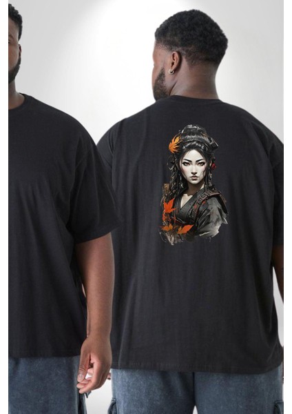 Japon Asyalı Samuray Kadın Büyük Beden Siyah Tişört Kadın Erkek Ünisex Sırt Baskılı fiyatları