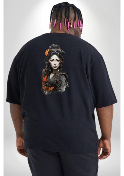 Japon Asyalı Samuray Kadın Büyük Beden Siyah Tişört Kadın Erkek Ünisex Sırt Baskılı fırsatları