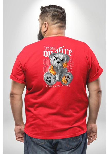 Ateşli Teddy Büyük Beden Kırmızı Tişört Kadın Erkek Ünisex Sırt Baskılı