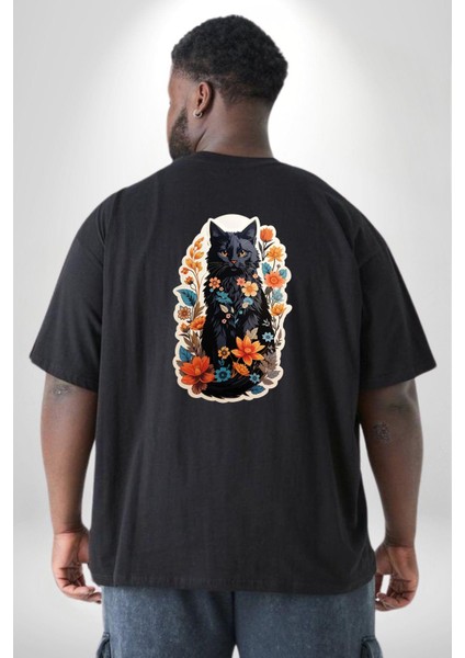 Çiçekli Siyah Kedi Etiket Büyük Beden Siyah Tişört Kadın Erkek Ünisex Sırt Baskılı