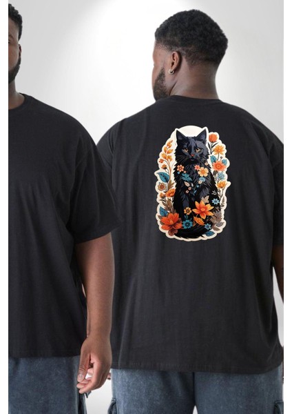 Çiçekli Siyah Kedi Etiket Büyük Beden Siyah Tişört Kadın Erkek Ünisex Sırt Baskılı fiyatları