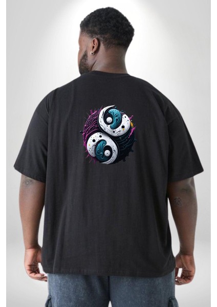 Renkli Yin Ile Yang Kuramı Büyük Beden Siyah Tişört Kadın Erkek Ünisex Sırt Baskılı