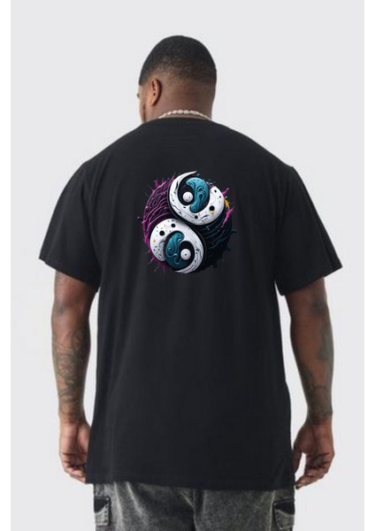 Renkli Yin Ile Yang Kuramı Büyük Beden Siyah Tişört Kadın Erkek Ünisex Sırt Baskılı fırsatları