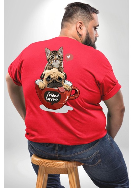 Kedi Ve Köpek Sonsuzadek Arkadaşız Büyük Beden Kırmızı Tişört Kadın Erkek Ünisex Sırt Baskılı