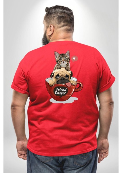 Kedi Ve Köpek Sonsuzadek Arkadaşız Büyük Beden Kırmızı Tişört Kadın Erkek Ünisex Sırt Baskılı fırsatları