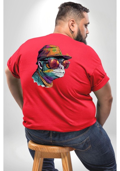 Gözlük Şapka Mukalemun Büyük Beden Kırmızı Tişört Kadın Erkek Ünisex Sırt Baskılı