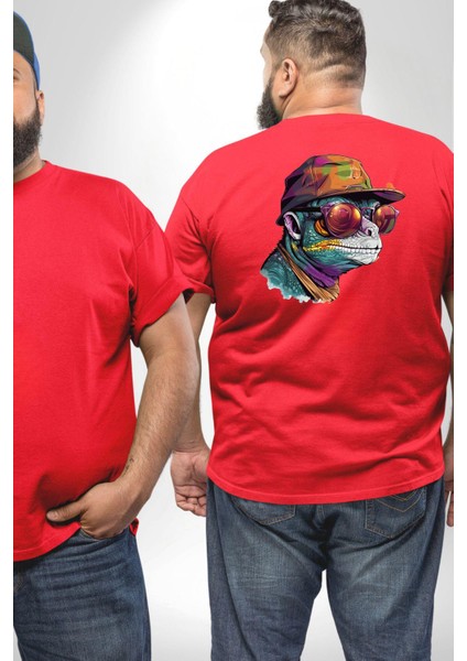 Gözlük Şapka Mukalemun Büyük Beden Kırmızı Tişört Kadın Erkek Ünisex Sırt Baskılı fiyatları