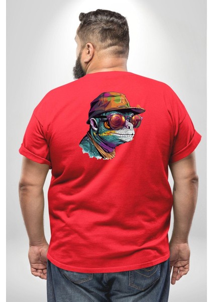 Gözlük Şapka Mukalemun Büyük Beden Kırmızı Tişört Kadın Erkek Ünisex Sırt Baskılı fırsatları