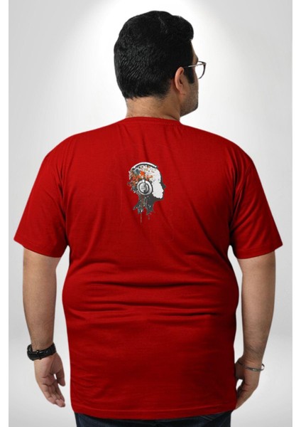 Kafatası Kulaklık Ergen Enerjisi Büyük Beden Kırmızı Tişört Kadın Erkek Ünisex Sırt Baskılı