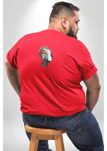 Kafatası Kulaklık Ergen Enerjisi Büyük Beden Kırmızı Tişört Kadın Erkek Ünisex Sırt Baskılı fırsatları