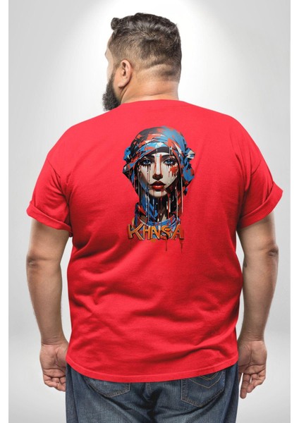 Khansa Eşarp Kadın Tasarımı Büyük Beden Kırmızı Tişört Kadın Erkek Ünisex Sırt Baskılı