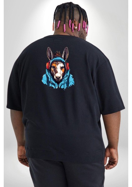 Kulaklıklı Eşşek Müzik Dinlerken Büyük Beden Siyah Tişört Kadın Erkek Ünisex Sırt Baskılı