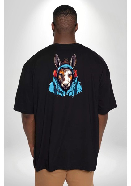 Kulaklıklı Eşşek Müzik Dinlerken Büyük Beden Siyah Tişört Kadın Erkek Ünisex Sırt Baskılı fırsatları