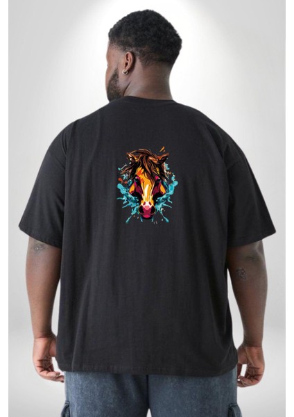 At Kafası Renkli Büyük Beden Siyah Tişört Kadın Erkek Ünisex Sırt Baskılı