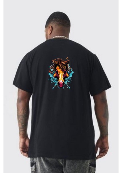 At Kafası Renkli Büyük Beden Siyah Tişört Kadın Erkek Ünisex Sırt Baskılı fırsatları