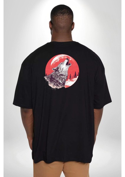 Uluyan Beyaz Kurt Büyük Beden Siyah Tişört Kadın Erkek Ünisex Sırt Baskılı