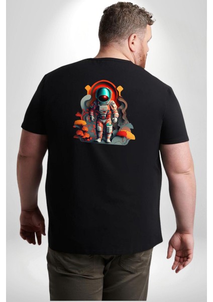 Astronot Yapay Zeka Yürüyüş Büyük Beden Siyah Tişört Kadın Erkek Ünisex Sırt Baskılı