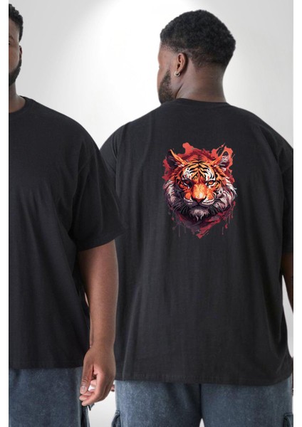 Kaplan Kafası Büyük Beden Siyah Tişört Kadın Erkek Ünisex Sırt Baskılı fiyatları