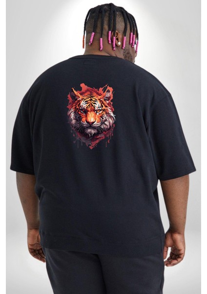 Kaplan Kafası Büyük Beden Siyah Tişört Kadın Erkek Ünisex Sırt Baskılı fırsatları