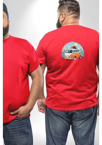 Wolkswagen Karavan Kış Gezisi Büyük Beden Kırmızı Tişört Kadın Erkek Ünisex Sırt Baskılı fiyatları