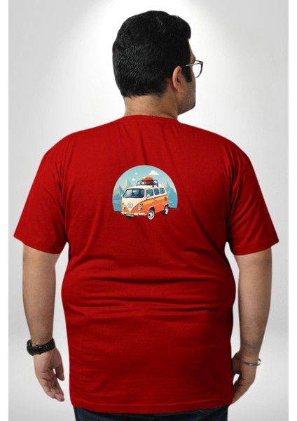 Wolkswagen Karavan Kış Gezisi Büyük Beden Kırmızı Tişört Kadın Erkek Ünisex Sırt Baskılı fırsatları