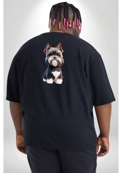 Sevimli Beyaz Gri Köpek Büyük Beden Siyah Tişört Kadın Erkek Ünisex Sırt Baskılı