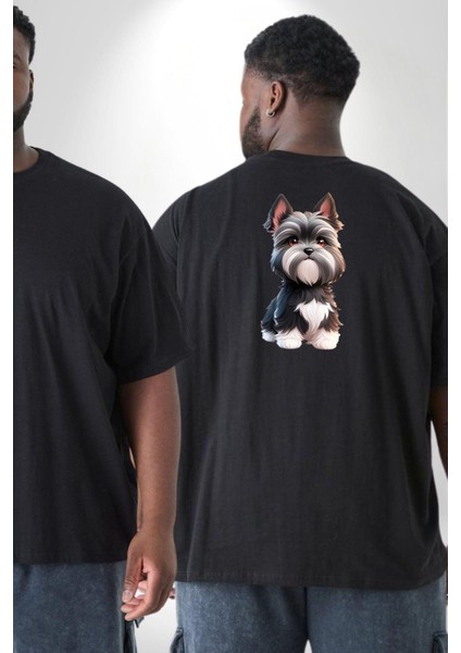 Sevimli Beyaz Gri Köpek Büyük Beden Siyah Tişört Kadın Erkek Ünisex Sırt Baskılı fiyatları