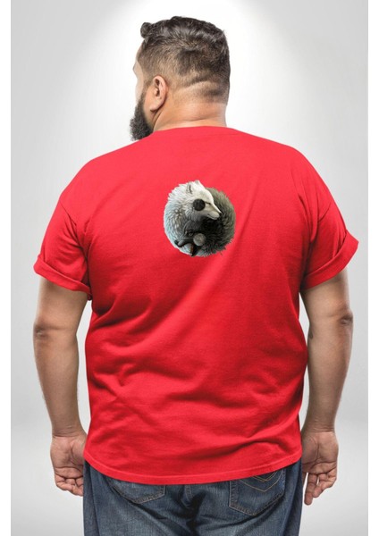 Yin Ile Yang Beyaz Kırmızı Kurt Büyük Beden Kırmızı Tişört Kadın Erkek Ünisex Sırt Baskılı