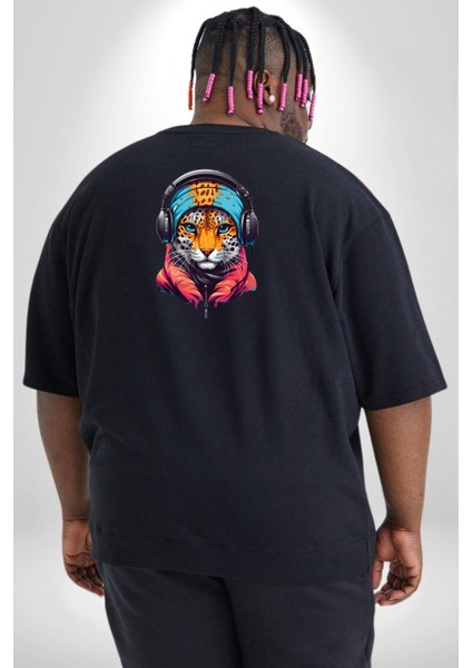 Kulaklık Kedi Leopar Bandana Büyük Beden Siyah Tişört Kadın Erkek Ünisex Sırt Baskılı
