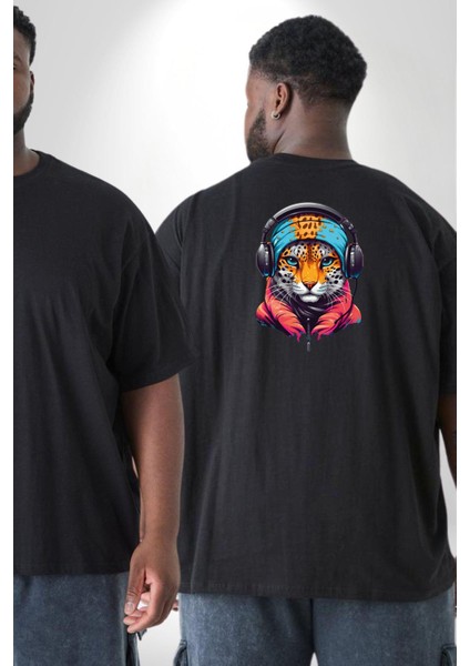 Kulaklık Kedi Leopar Bandana Büyük Beden Siyah Tişört Kadın Erkek Ünisex Sırt Baskılı fiyatları