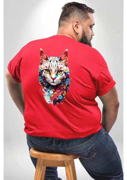 Renki Kedi Sarı Gözlü Tekir Büyük Beden Kırmızı Tişört Kadın Erkek Ünisex Sırt Baskılı