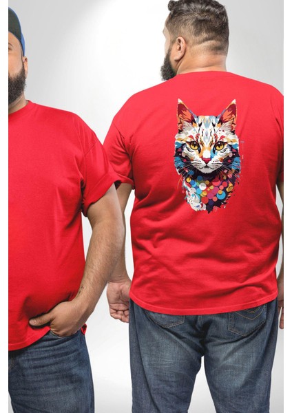 Renki Kedi Sarı Gözlü Tekir Büyük Beden Kırmızı Tişört Kadın Erkek Ünisex Sırt Baskılı fiyatları