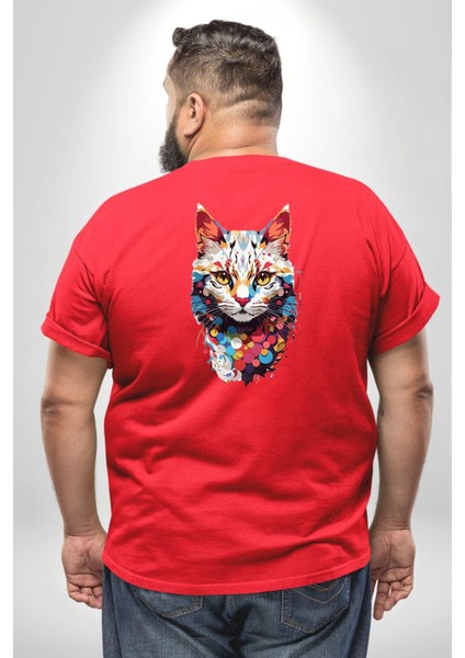 Renki Kedi Sarı Gözlü Tekir Büyük Beden Kırmızı Tişört Kadın Erkek Ünisex Sırt Baskılı fırsatları