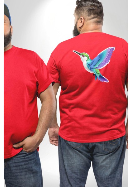 Sinek Kuşu Renkli Büyük Beden Kırmızı Tişört Kadın Erkek Ünisex Sırt Baskılı fiyatları
