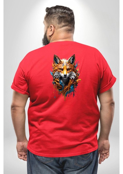 Renkli Sulu Boya Kurt Yapay Zeka Tasarımı Büyük Beden Kırmızı Tişört Kadın Erkek Ünisex Sırt Baskılı fırsatları